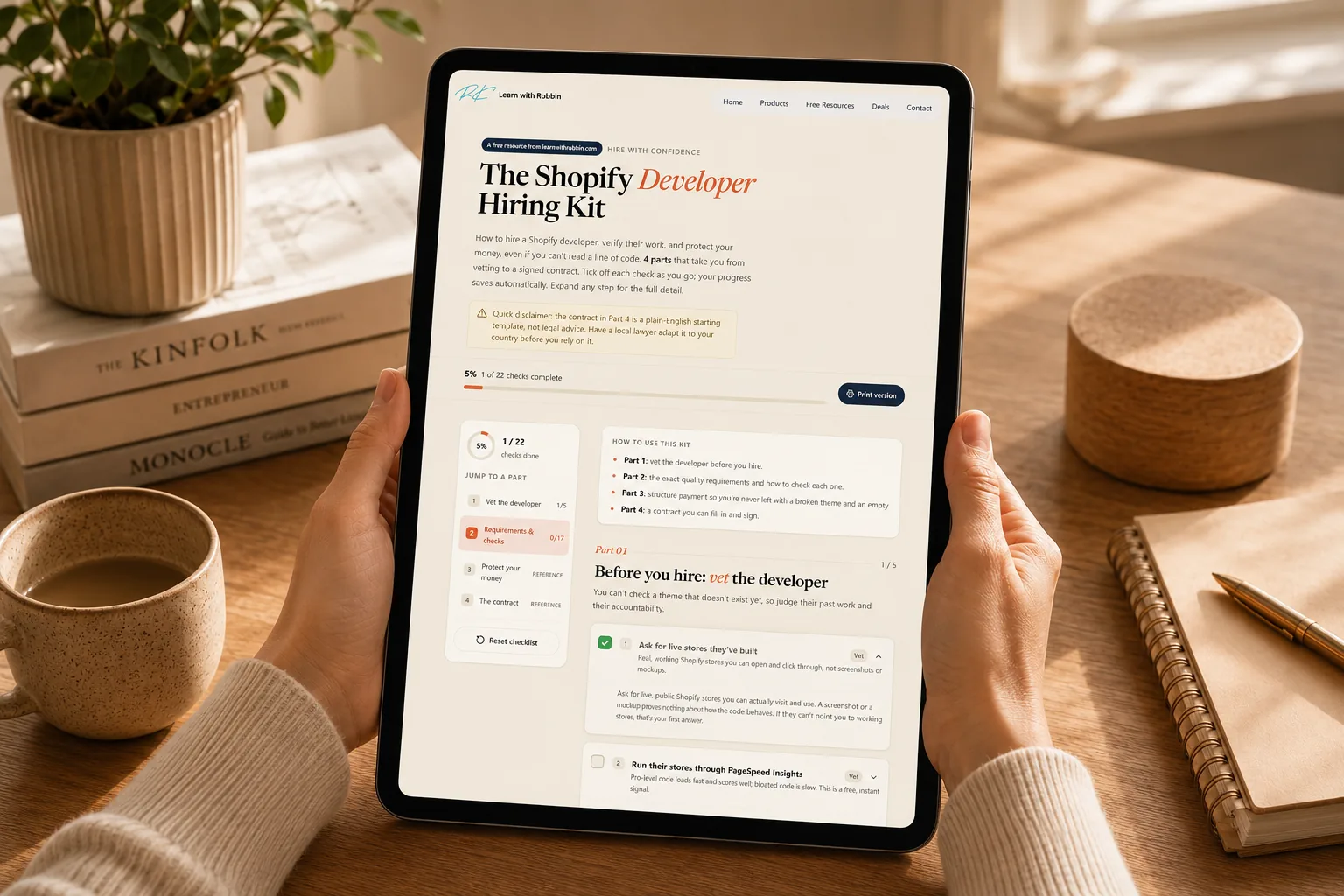 The Shopify Developer Hiring Kit on a tablet